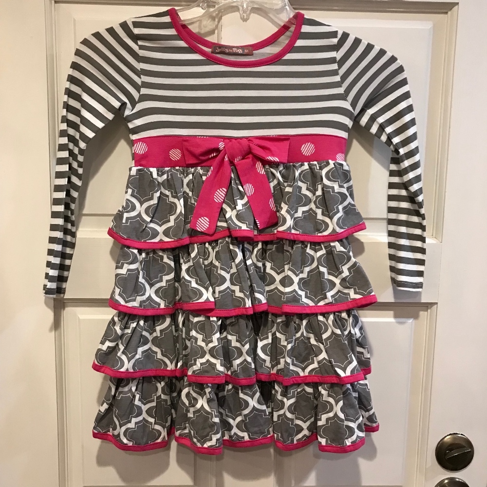 Jelly the Pug Girl 6X Gray White Pink Stripe Dress